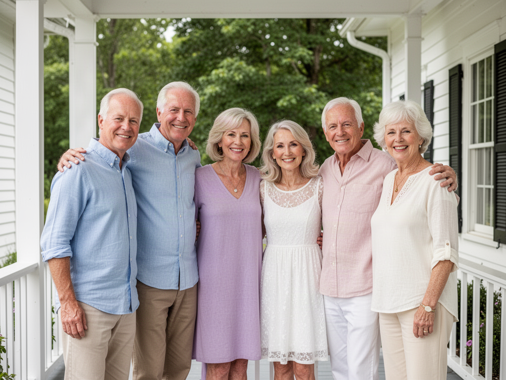 Six adult siblings, three brothers and three sisters, on a farmhouse porch