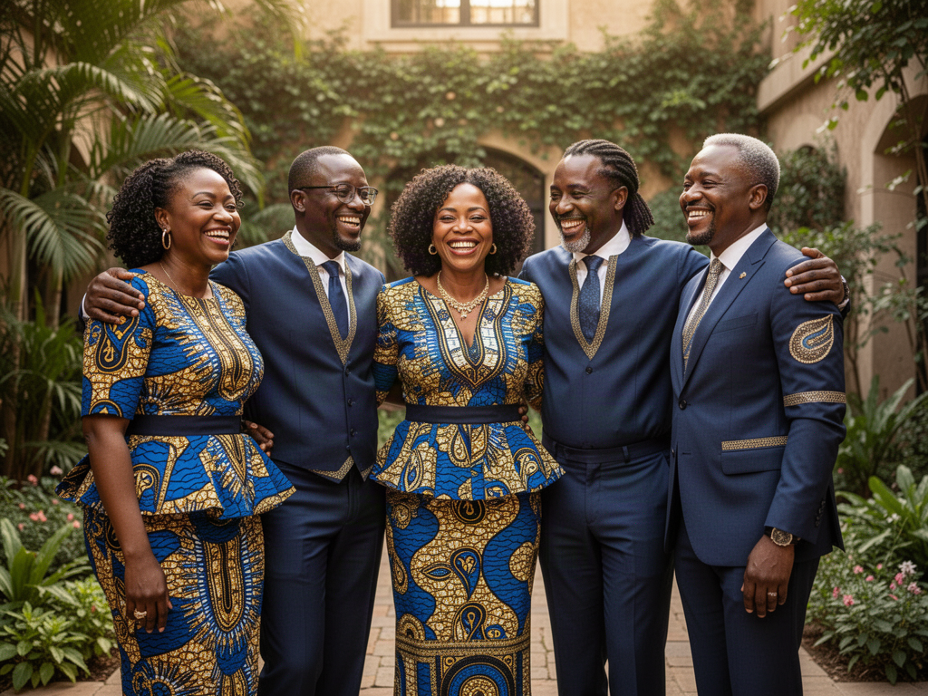 Five adult siblings laughing together in a sunny garden courtyard, the middle sister in the exact center