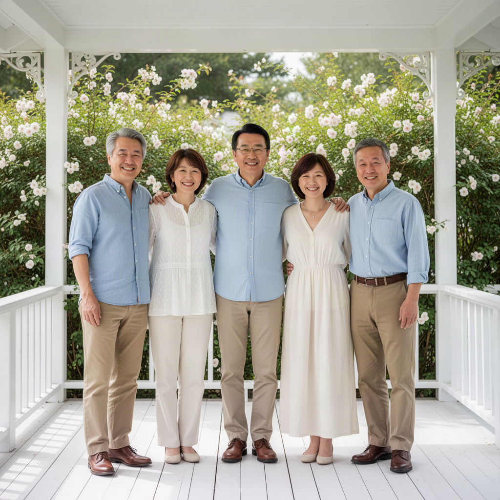 Five adult siblings standing in a row on a porch, the third of five in the center
