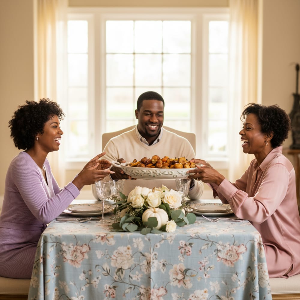 A brother sitting between his two sisters at a holiday dinner table, passing a dish