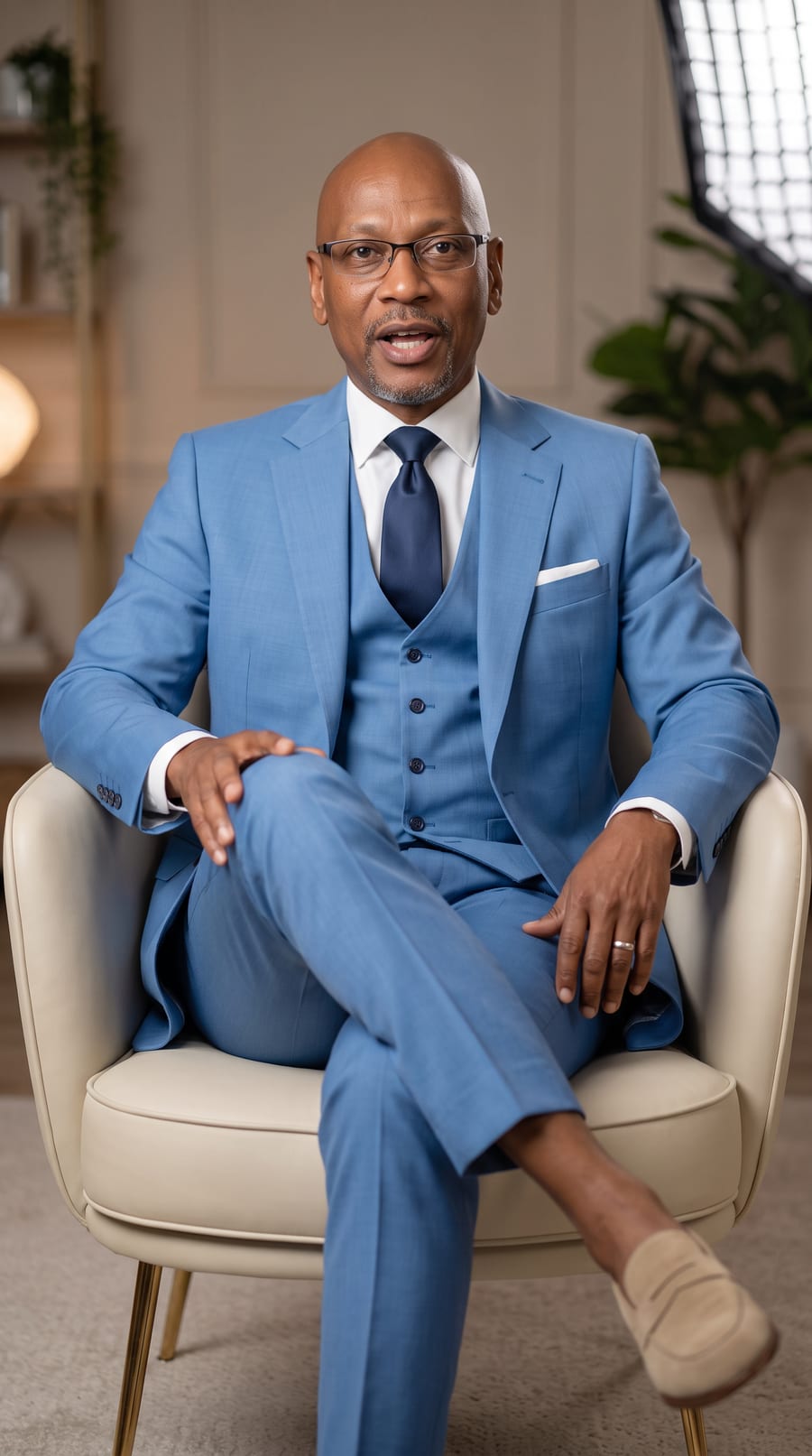 Don Wallace in a sky-blue three-piece suit, seated in the studio