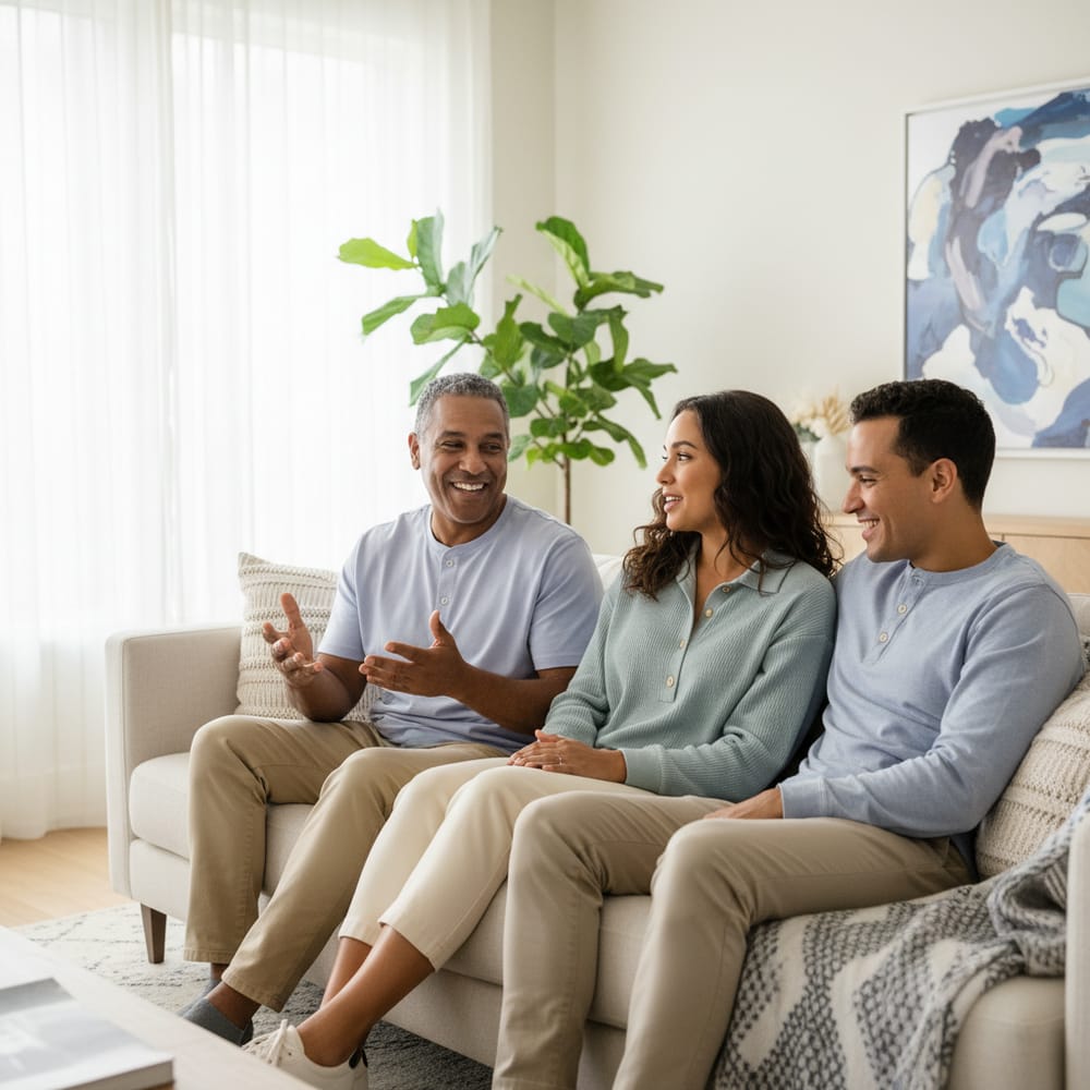 Two adult brothers with their sister sitting between them on a sofa, talking