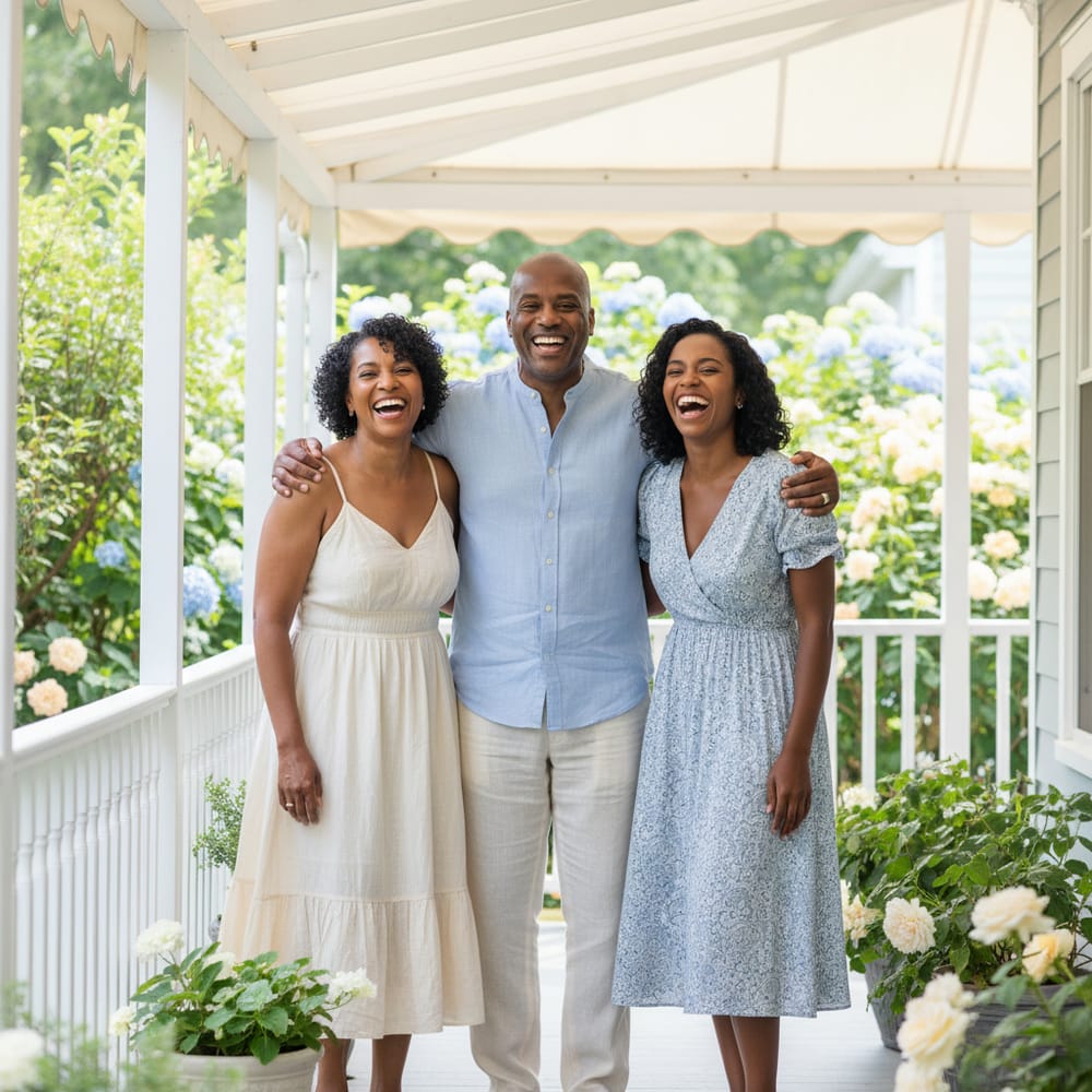 Two adult sisters with their brother standing in the middle, laughing together on a porch