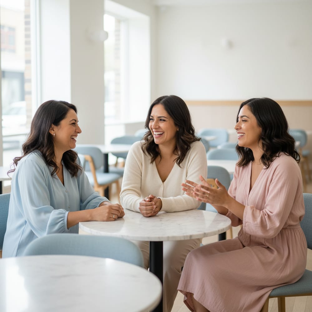 Three adult sisters talking and laughing at a cafe table