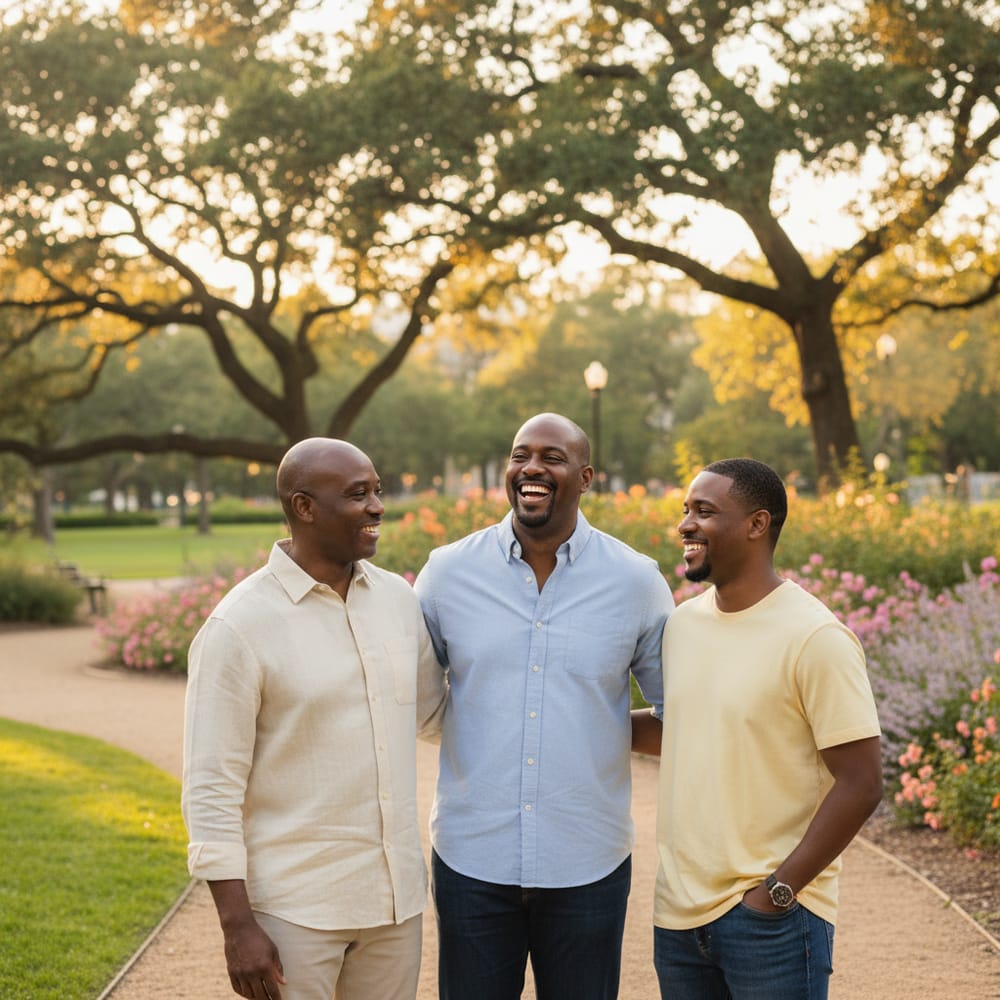 Three adult brothers standing shoulder to shoulder in a park